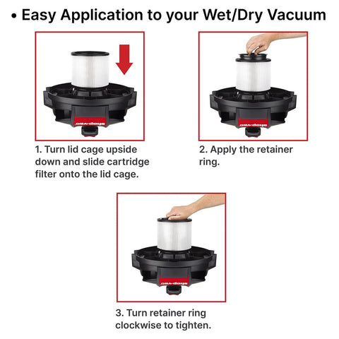 Installation steps for Pleated Cartridge Filter Replacement For Wet Dry Vacuums, 8 Inch Diameter By 6.5 Inch Height.
