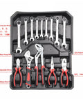 Versatile Professional Repair Tool Kit With Vanadium Steel Complete Set showing wrenches, pliers, in organized black tray.