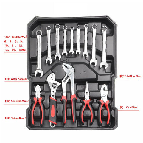 Versatile Professional Repair Tool Kit With Vanadium Steel Complete Set showing wrenches, pliers, in organized black tray.