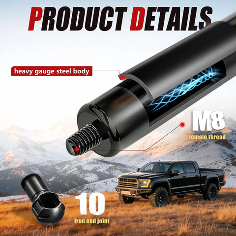 Heavy Duty 36 Inch Gas Struts Rock Solid Lift Support Springs For Tonneau Covers RV Camper Doors And Pickup Truck Beds Ultra Smooth Tailgate helper showing M8 female thread and iron end joint.