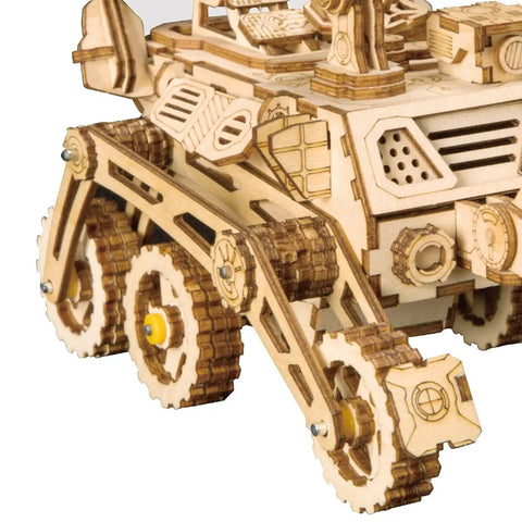 Close-up of 3D wooden Curiosity Rover from Solar Powered Cars Kit With Movable 3D Wooden Puzzle Toys Learn Solar Energy Through Hands On Building Educational And Fun Home Decor Model Set Curiosity Rover Theme Awesome Gift For Christmas Or Birthday For Adults And Kids
