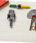 Uonlytech 3Pc Pipe Threading Tool Kit For Pvc Pipes Internal External Thread Cutter Compatible With Electric Drill Plumbing Threader Set And Installation close-up of pipe threading cutter against wooden background.