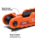 Close-up of Compact Folding Hex Key Set with 25 sizes, showing SAE label and easy-access window in orange casing.