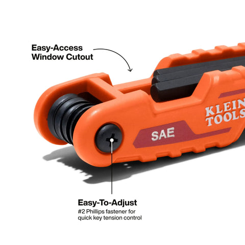 Close-up of Compact Folding Hex Key Set with 25 sizes, showing SAE label and easy-access window in orange casing.