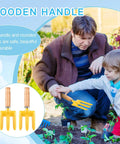 Father and child use 24 Piece Kids Gardening Tools Set With Wooden Handles Including Shovel Rake Fork And Trowel Metal Beach Sandbox Toys For Outdoor Garden Play Gift For Children Awesome For Sand Snow Dirt