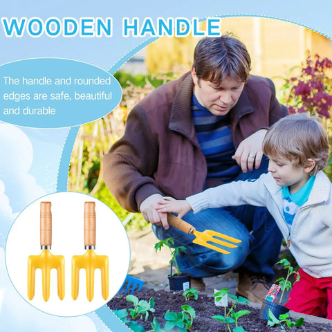 Father and child use 24 Piece Kids Gardening Tools Set With Wooden Handles Including Shovel Rake Fork And Trowel Metal Beach Sandbox Toys For Outdoor Garden Play Gift For Children Awesome For Sand Snow Dirt