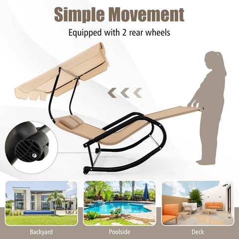 Two Person Outdoor Lounge Chair With Adjustable Canopy, Wheels, Detachable Pillows, shown for backyard and poolside relaxation.