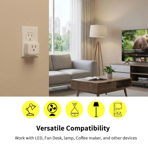 Z Wave 800 Series Smart Plug With Built In Repeater And Range Extender in living room setup with sofa and lamp