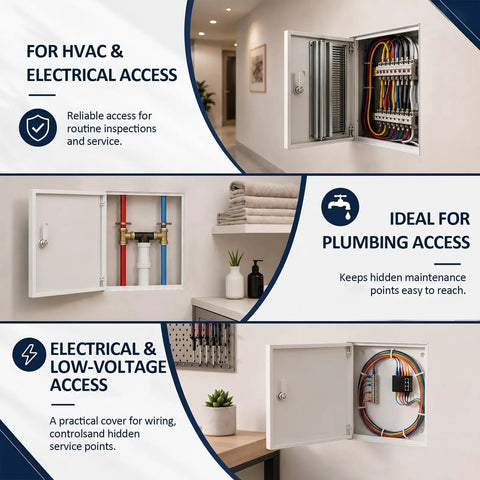 Heavy Duty 12 X 12 Flush Mount Drywall Access Panel With Secure Cam Latch Lock And Clean Concealed Hinge Tough Steel Metal Service Door for HVAC and plumbing access.