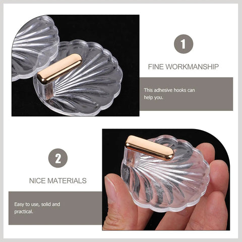 Six Pack Peel And Stick Wall Hooks With Rock Solid Hold For Zero Hassle Bathroom Setup Self Adhesive Hangers For Towels Hats Coats And Everyday Carry, clear shell design with gold accents.