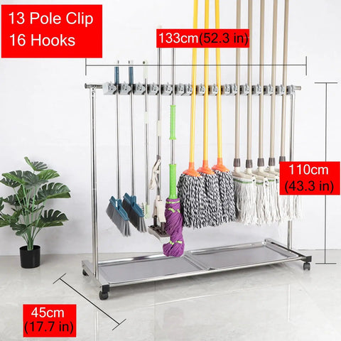 Heavy Duty Garage Broom Organizer Rack On Wheels with mop and broom storage for cleaning tools and garden gear