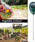 Two Pack Soil Moisture Meters For Houseplants Garden Lawn Indoor And Outdoor Use No Battery Required Plant Water Meter Kit Black And Green With Dual Probes Easy To Read shown in a vegetable orchard setting.