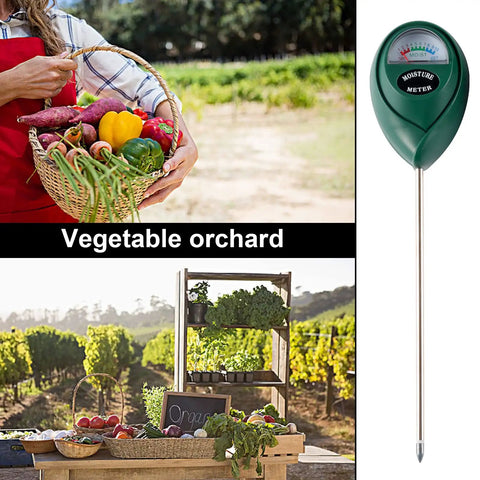 Two Pack Soil Moisture Meters For Houseplants Garden Lawn Indoor And Outdoor Use No Battery Required Plant Water Meter Kit Black And Green With Dual Probes Easy To Read shown in a vegetable orchard setting.