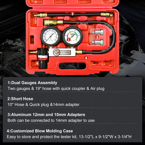 Front view of JIFETOR cylinder leak-down tester kit in a red case with dual gauges, hoses and adapters for gasoline engines