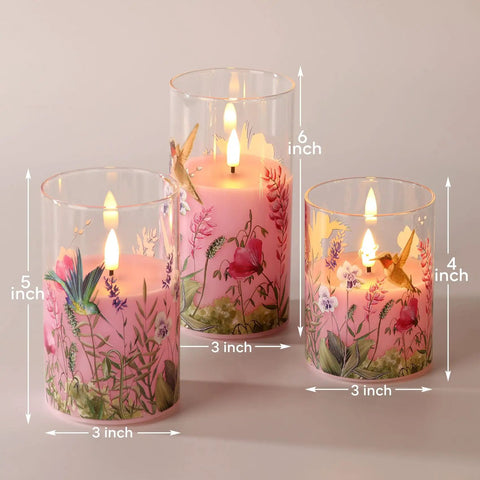 Pink Hummingbird Glass Flameless Candles Set Of 3 With Remote Control Flickering LED Pillar Candles Battery Operated Real Wax In Glass
