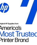 HP logo and text promoting original supplies from America's Most Trusted Printer Brand, emphasizing reliability for users.