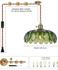 Kick Up Any Room Vintage Green Flower Glass Pendant Light With Long Plug In Cord For Kitchen Island And Bedroom Swinging Gold Tone Ceiling Lamp Fixture Adding Sweet Retro Vibes As A True Living Room Showpiece, features scalloped green glass shade.