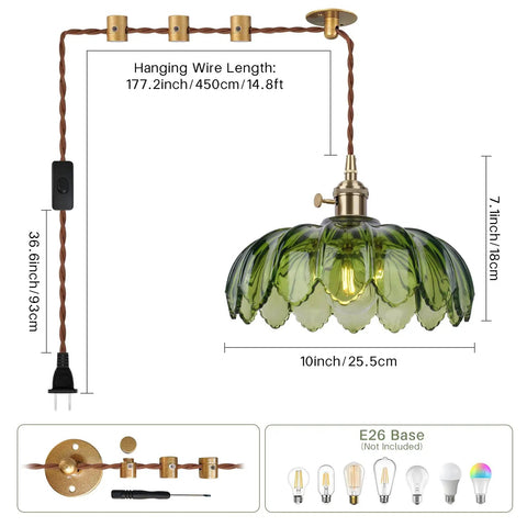 Kick Up Any Room Vintage Green Flower Glass Pendant Light With Long Plug In Cord For Kitchen Island And Bedroom Swinging Gold Tone Ceiling Lamp Fixture Adding Sweet Retro Vibes As A True Living Room Showpiece, features scalloped green glass shade.