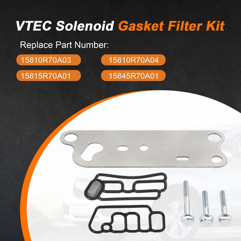 Beefed Up VTEC Solenoid Gasket Filter Kit For Acura RDX 2013 2014 2015 And Honda Accord Crosstour 2010 2011 2012 2013 2014 2015 3.5L V6 Engine Includes 15810R70A03 15810R70A04 15815R70A01 15845R70A01 Cylinder Head VVT Spool Valve Gasket Replacement displayed with components and part numbers