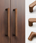 Walnut Round Wooden Drawer Pulls 5 Inch Four Pack for Cabinets and Kitchen Doors mounted on cabinet and close-up angles shown