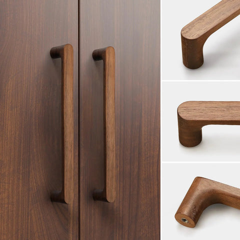 Walnut Round Wooden Drawer Pulls 5 Inch Four Pack for Cabinets and Kitchen Doors mounted on cabinet and close-up angles shown