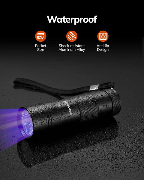 Ultraviolet Blacklight Flashlight Set Of 2 with 12 LED 395nm UV Light showing waterproof, aluminum alloy body, and pocket size.