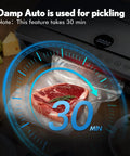 Powerhouse Vacuum Sealer For Food With 90KPa Power And 7 In 1 Modes Damp Moist Dry Canister And More Freshness Storage Bag Included Big Size No Pressing Needed displaying damp auto mode with packaged steak