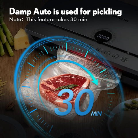 Powerhouse Vacuum Sealer For Food With 90KPa Power And 7 In 1 Modes Damp Moist Dry Canister And More Freshness Storage Bag Included Big Size No Pressing Needed displaying damp auto mode with packaged steak