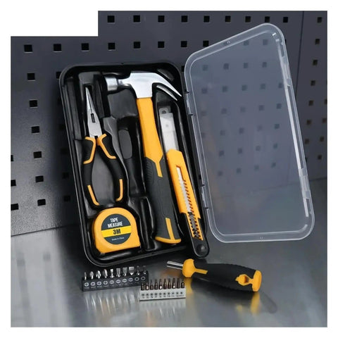 All In One 26 Piece Home Tool Set DIY Kit In Yellow Carrying Box For Men And Women Easy To Grab Toolbox Open on Table