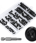 Premium M5 Black Torx Security Screws Kit With Matching Bit Made From 304 Stainless Steel Button Heads For Tamper Proof Outdoor Fixtures And Automotive Applications Provides Sixty Pieces In Five Lengths To Keep Your Setup Hella Secure Today in a storage case with black screws and a bit.