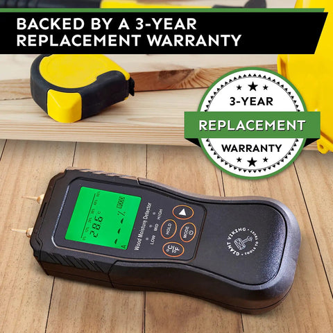 Pin Type Wood Moisture Meter With Digital Dampness Sensor and warranty sign on wood surface