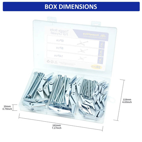 Heavy Duty Drywall Toggle Bolt Set Kit With 28 Pieces In Three Sizes in open box with dimensions 182x118x20 mm