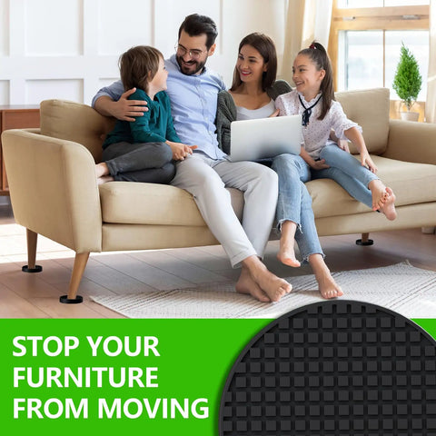 Family sitting on a couch with 8 Pack Two Point Five Inch Anti Slip Furniture Caster Cups For Hardwood Floors And All Surfaces Rubber Pads And Non Slip Grippers To Stop Furniture From Sliding Bed Couch Stoppers Floor Protection For Home Black visible under the furniture, with a close-up of a black gripper pad inset.