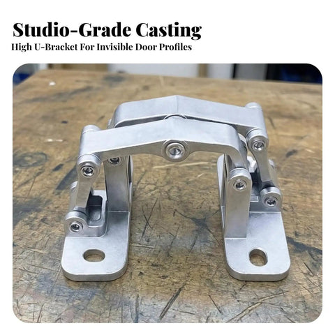 Heavy Duty Concealed Door Hinge With Rust Resistant Stainless Steel And Adjustable Articulated Arms For Fire Cabinets That Pulls Off Major Work Hella Smooth, shown from the front.