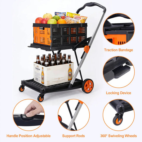 Collapsible Shopping Cart With Two Storage Crates And Two Tie Down Straps, 200 Pound Capacity Wheeled Grocery Cart, bright orange