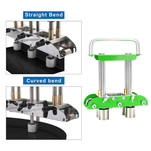 Pro-Grade Three Station Sheet Metal Roller Bender for 0 to 90 Degree Bends, adjustable rollers shown straight and curved bend