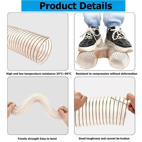 Heavy Duty Shop Grade Vacuum Hose Flexible Dust Collector Pipe Built Tough For Woodworking With Puncture Resistant Pu Polyester Weave And Knockout Suction Capacity flexible dust collection hose showing compression resistance and bending flexibility