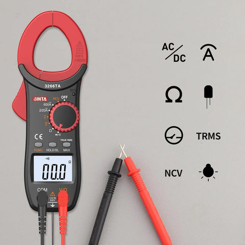 DIY Friendly Clamp Meter And Multimeter Combo With Auto Range 2000 Counts NCV TRMS 600A AC Clamp displayed with leads