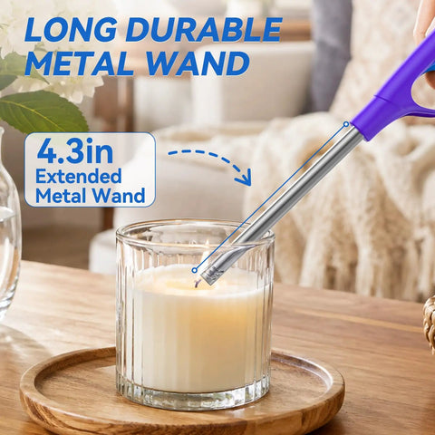 Lit candle with 4 Pack Refillable Long Stem Lighters With Visible Fuel Window in use, showing 4.3in extended metal wand.