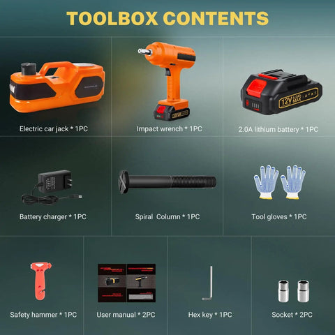 Toolbox contents of 5 Ton Cordless Electric Car Jack Kit With Hydraulic Lift And Lithium Battery Double Cylinder Air Pump