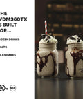 Milkshakes with chocolate drizzle beside text showing uses for Beefy Workhorse Triple Spindle Drink Mixer With Independent 1 HP Motors Countdown Timer Digital Display Automatic Start Stop 120 Volt NSF Certified Silver Pro.