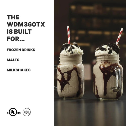 Milkshakes with chocolate drizzle beside text showing uses for Beefy Workhorse Triple Spindle Drink Mixer With Independent 1 HP Motors Countdown Timer Digital Display Automatic Start Stop 120 Volt NSF Certified Silver Pro.