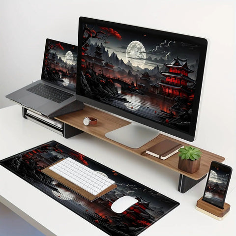 Full Moon Beefy Large Desk Pad For Gaming Setup Extended Mouse Pad With Non Slip Rubber Base Black And Red 11.8 By 31.5 Inches Ideal For Keyboard Mouse And Laptop