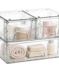 Three Pack Stackable Storage Drawers For Under Sink, Bathroom And Kitchen Organization with toiletries inside.