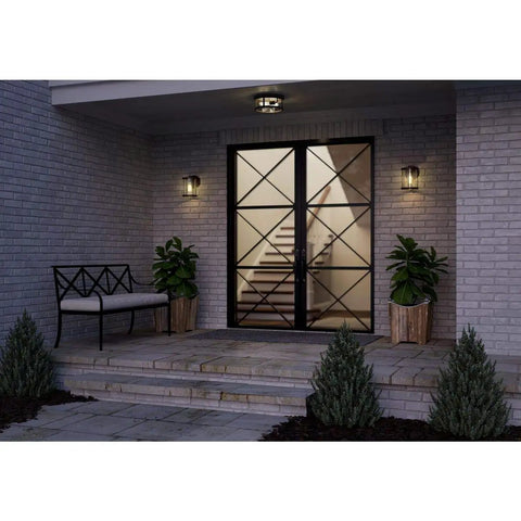 Two Light Outdoor Flush Mount Light In Antique Bronze With Clear Glass Diffuser on covered patio entrance