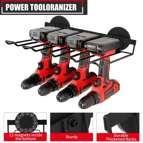 Heavy Duty Magnetic Power Tool Organizer And Drill Holder Wall Mount For Cordless Tools 50 Lb Garage Storage Rack displayed with drills.