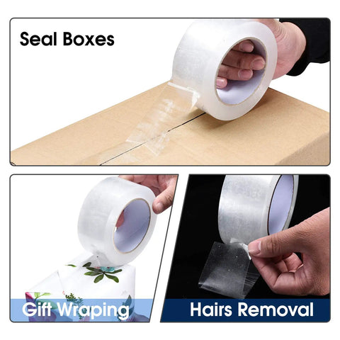 Heavy Duty Clear Packing Tape For Moving And Shipping Extra Sticky OPP Adhesive 2 Inch Wide 2.7 Mil 65 Yards Per Roll Pack Of 6 Perfect For Cartons Boxes And Sealing On The Go shown sealing a box, wrapping a gift, and removing hair.