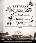 Kitchen Wall Decals Lets Eat Dining Room Wall Stickers With Bless The Food Before Us Family Beside Us And The Love Between Us And Positive Phrases For Home And Restaurant Decor Fork And Spoon Goblets Tea Cups Butterflies Pattern on white wall above dining table.