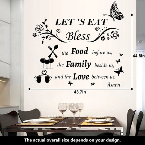 Kitchen Wall Decals Lets Eat Dining Room Wall Stickers With Bless The Food Before Us Family Beside Us And The Love Between Us And Positive Phrases For Home And Restaurant Decor Fork And Spoon Goblets Tea Cups Butterflies Pattern on white wall above dining table.
