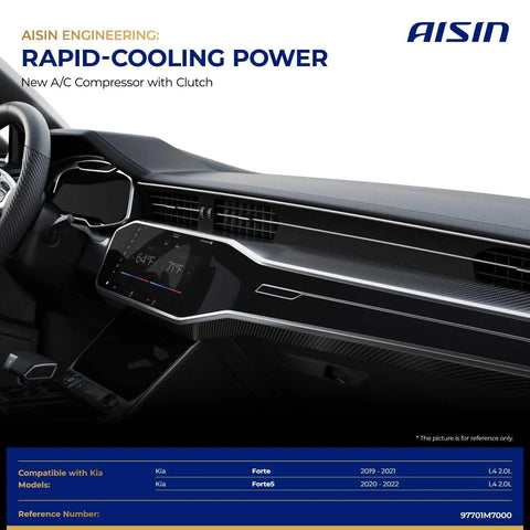 Premium Aftermarket AC Compressor With Clutch heavy duty auto air conditioning replacement for Kia Forte dashboard detail.